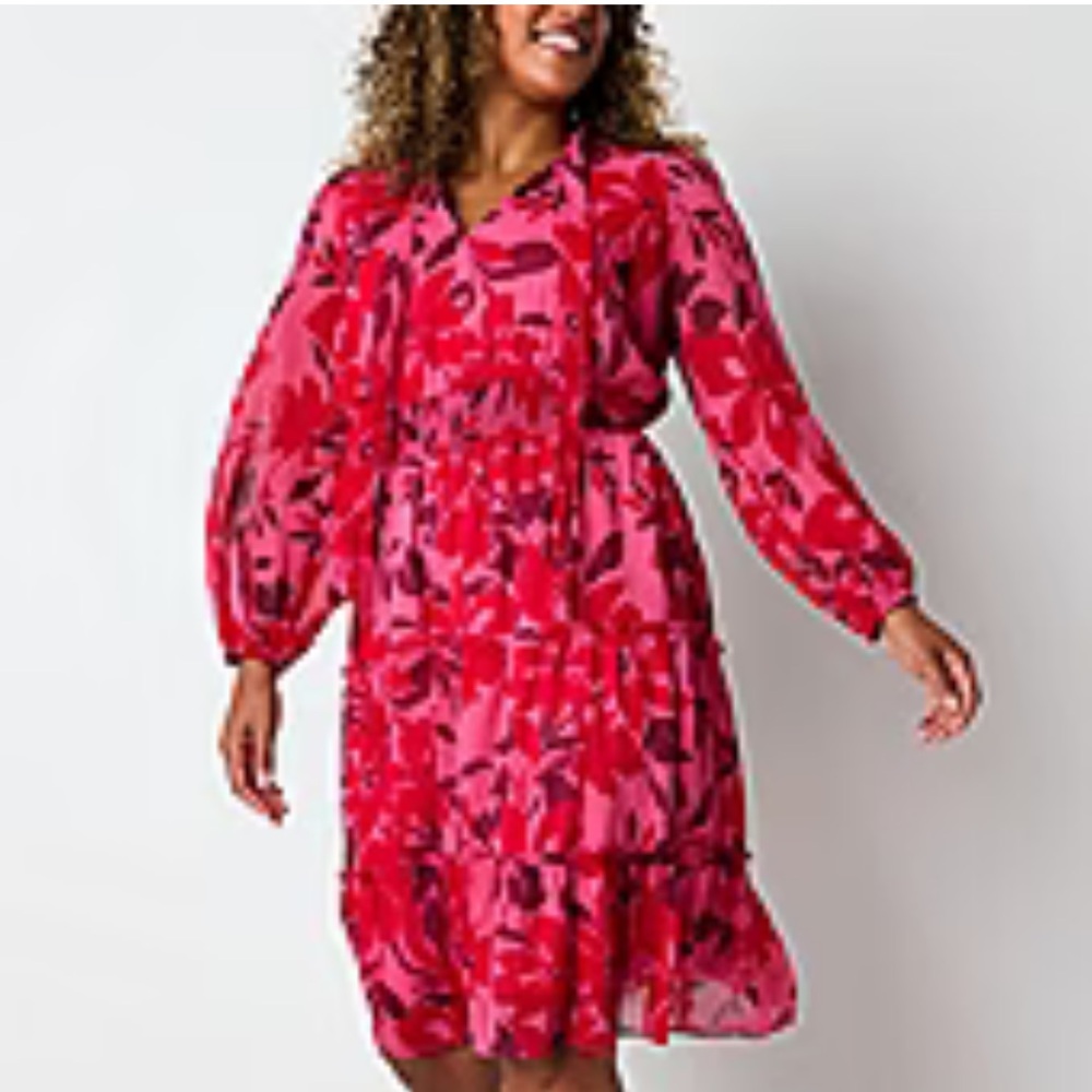LIZ CLAIBORNE Red Floral Chiffon Smocked Waist Long Sleeve Dress 12 NWT